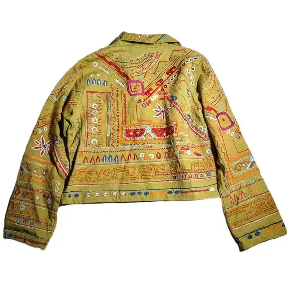 Vtg Y2K Mohito Lime Green Tribal Floral Embroidered Cotton Blazer Jacket Sz L - Picture 2 of 5